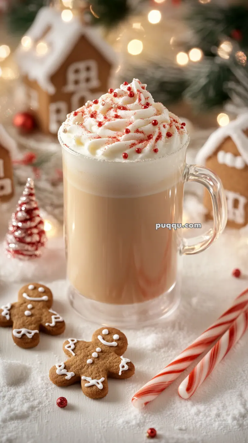 A festive latte topped with whipped cream and red sprinkles, surrounded by gingerbread cookies, candy canes, and gingerbread houses.