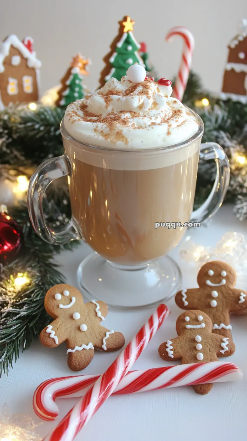 Festive scene with a glass mug of whipped cream-topped beverage, surrounded by gingerbread cookies, candy canes, and Christmas decorations.