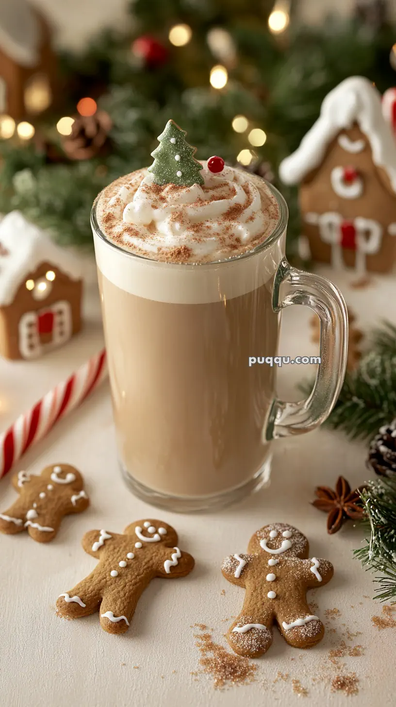 Festive latte topped with whipped cream and a small Christmas tree decoration, surrounded by gingerbread cookies, a candy cane, and holiday decorations.