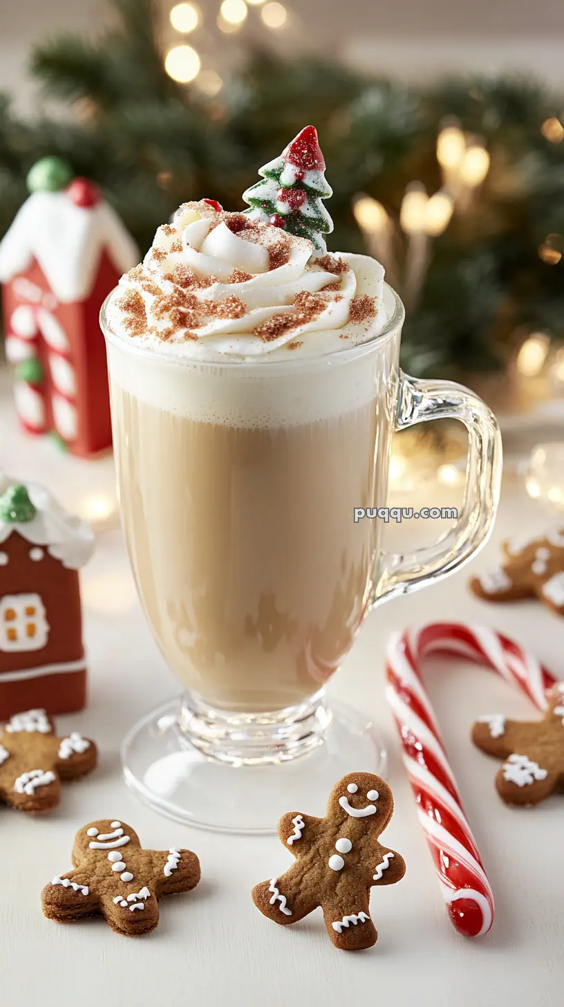 A festive latte topped with whipped cream and a tree-shaped decoration, surrounded by gingerbread cookies, a candy cane, and holiday decorations.