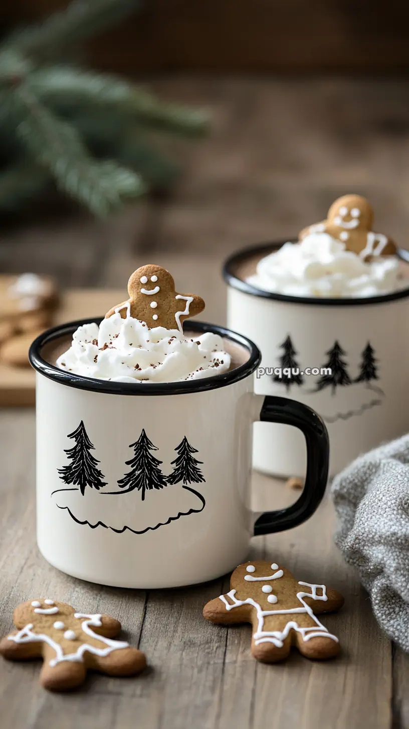 A white mug with black tree designs filled with whipped cream and topped with a gingerbread cookie, placed on a wooden table next to another similar mug and gingerbread cookies.