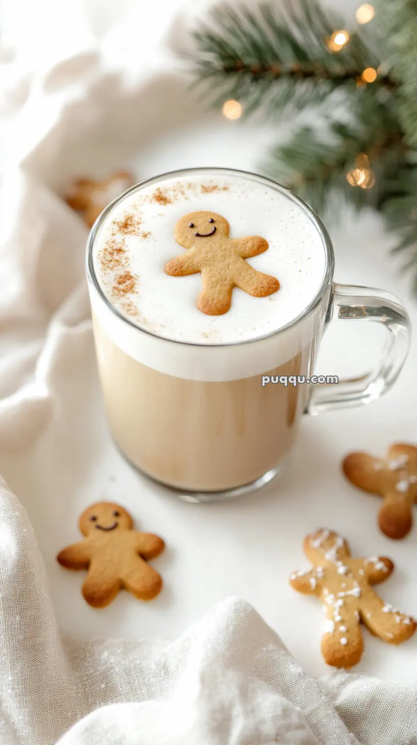 A glass mug of frothy coffee topped with a gingerbread man cookie, surrounded by more cookies and holiday decor.