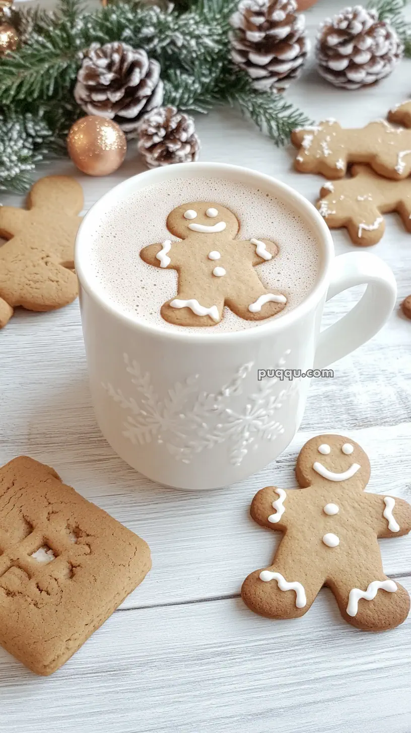 A mug of hot chocolate with a gingerbread man cookie floating on top, surrounded by more cookies and decorated pinecones.