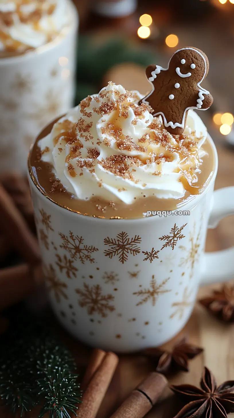 A festive mug of whipped cream-topped hot chocolate with caramel drizzle and a gingerbread cookie, surrounded by spices and holiday decorations.