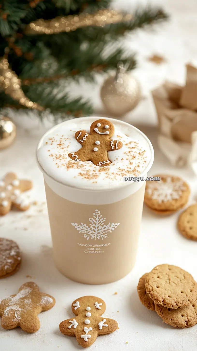 Cup of coffee topped with a gingerbread man cookie, surrounded by Christmas cookies and decorations.