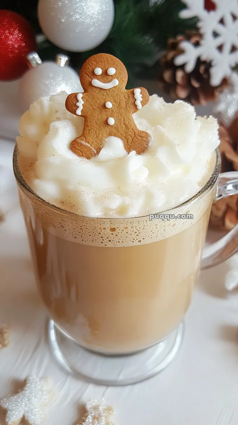 A glass mug filled with a frothy coffee topped with whipped cream and a gingerbread man.