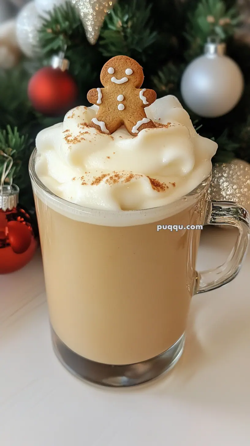 A mug of coffee topped with whipped cream and a gingerbread man cookie, with Christmas ornaments and tree in the background.