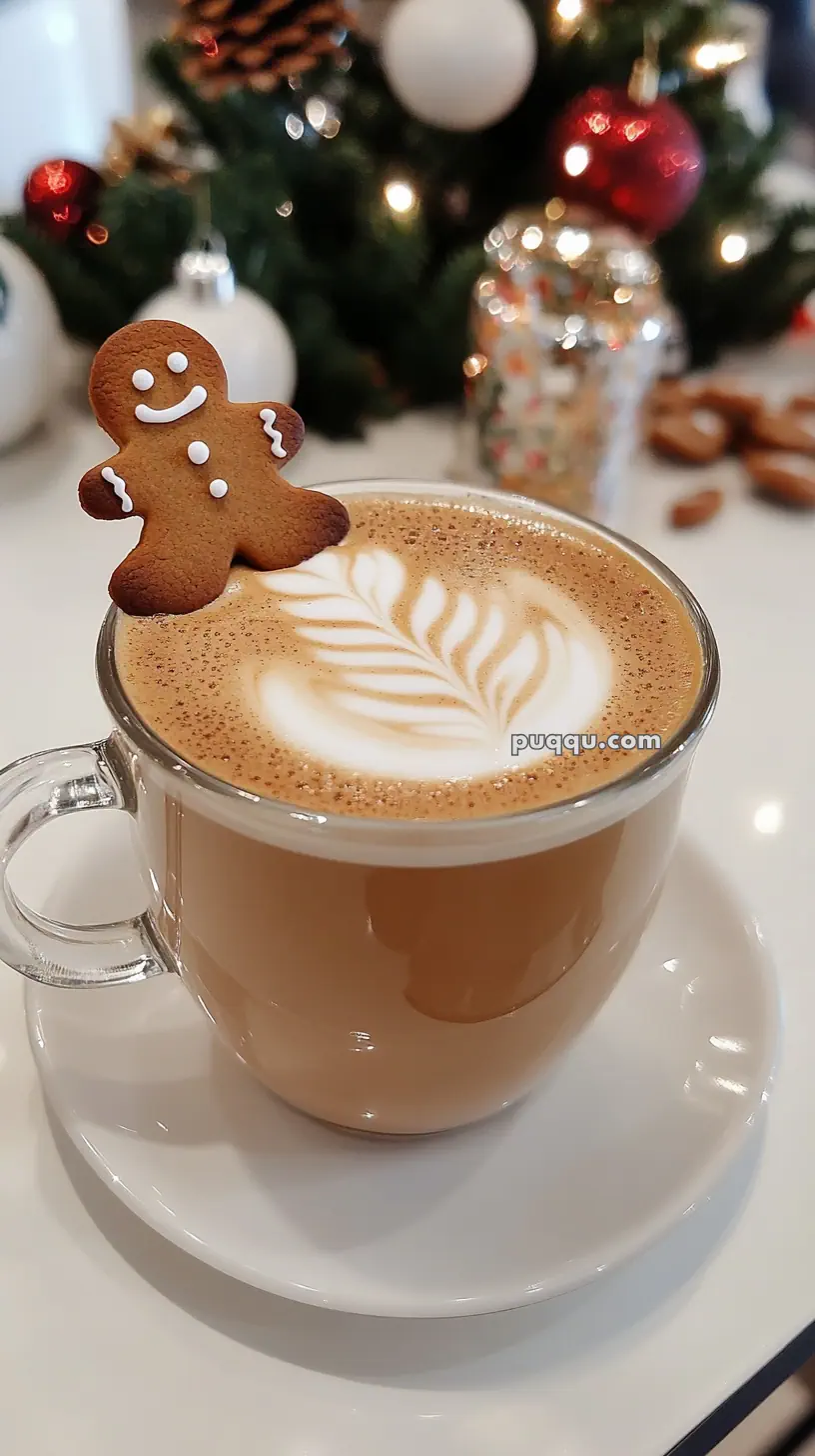 Glass cup of latte with leaf latte art, topped with a gingerbread cookie, set against a festive holiday background.