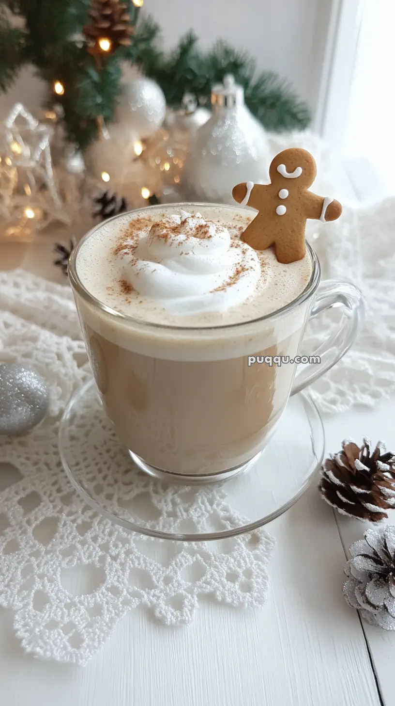 A cup of coffee with whipped cream and a gingerbread man cookie, set on a crocheted tablecloth, decorated with pine cones and Christmas ornaments.