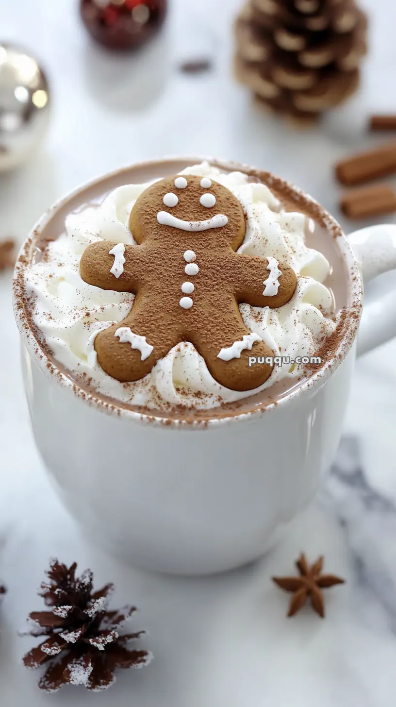 A mug of hot chocolate topped with whipped cream and a gingerbread cookie.