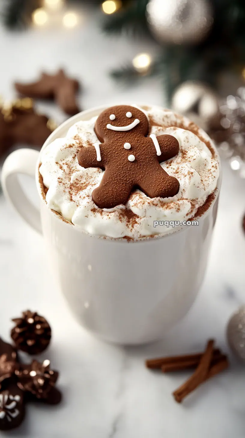 A mug of hot chocolate topped with whipped cream and a gingerbread man cookie.