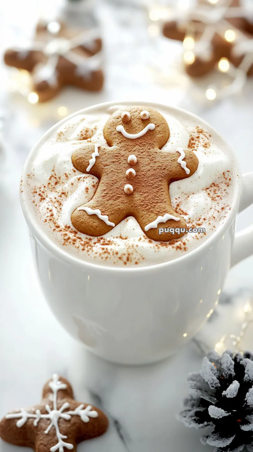 A gingerbread cookie atop whipped cream in a white cup, surrounded by festive decorations.