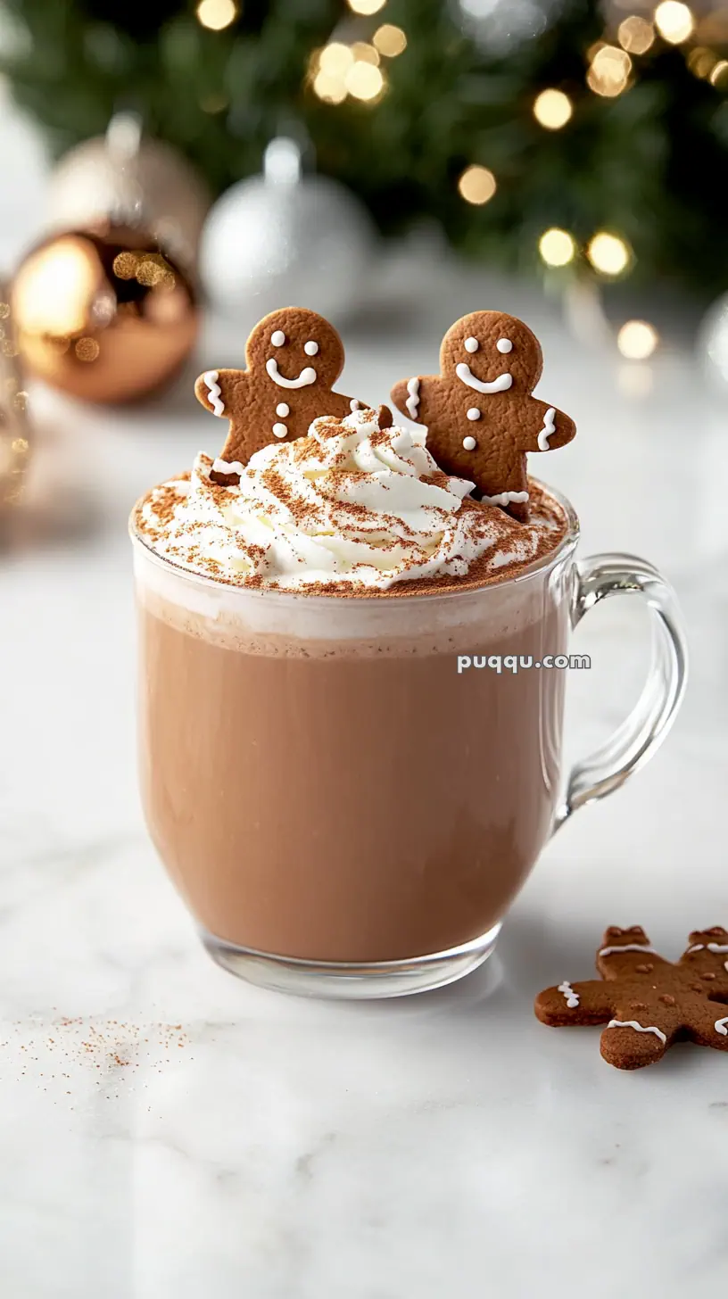 A mug of hot chocolate topped with whipped cream and two gingerbread cookies, with blurred Christmas decorations in the background.