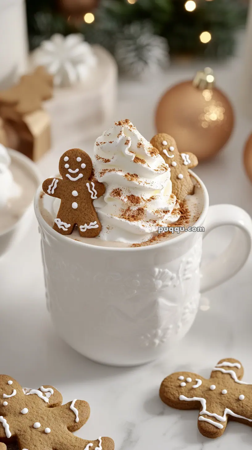 A white mug filled with whipped cream topped with cinnamon and decorated with gingerbread men, set against a festive background.