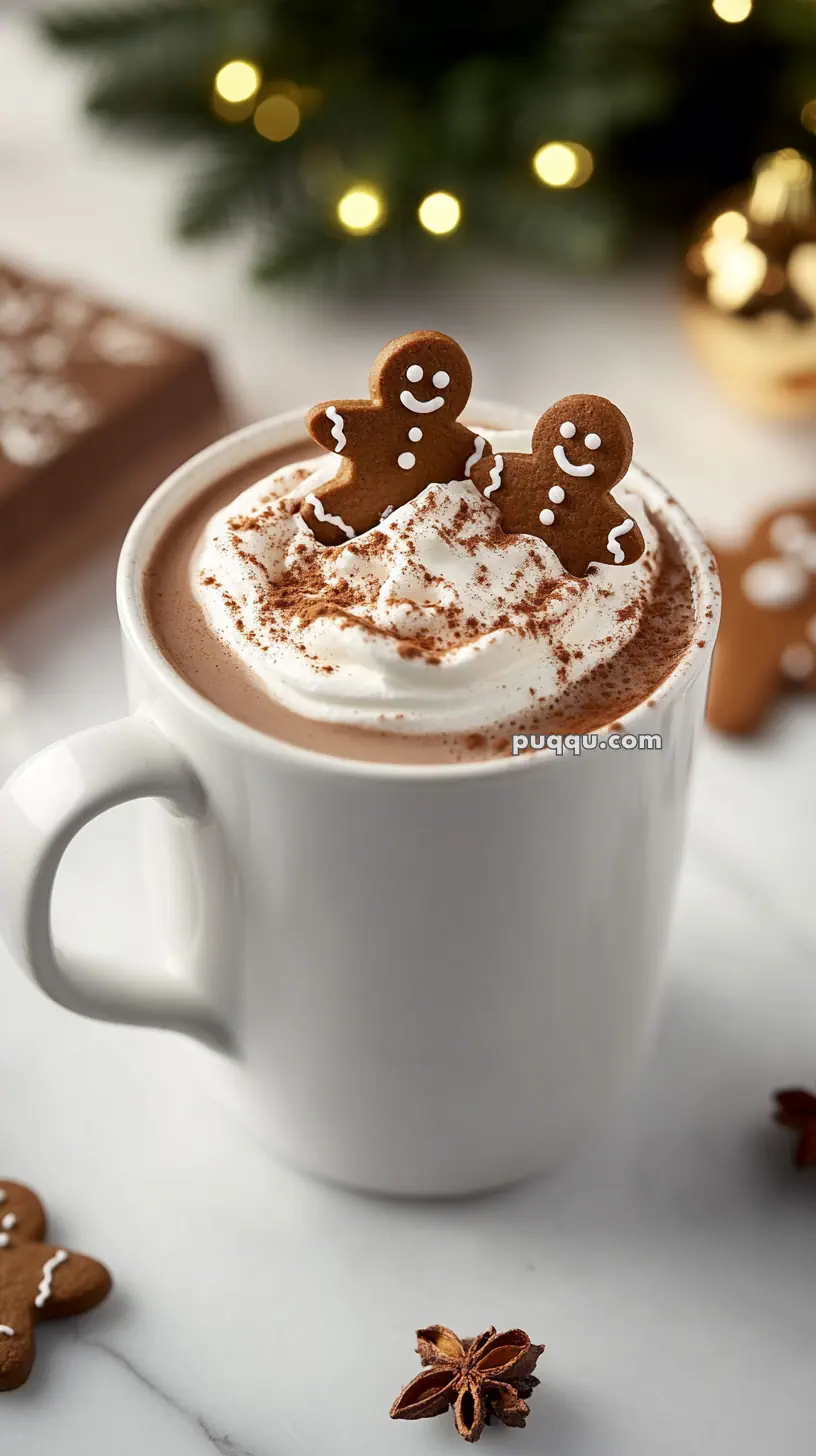 A mug of hot chocolate topped with whipped cream and two gingerbread cookies, with a festive background featuring lights and decorations.