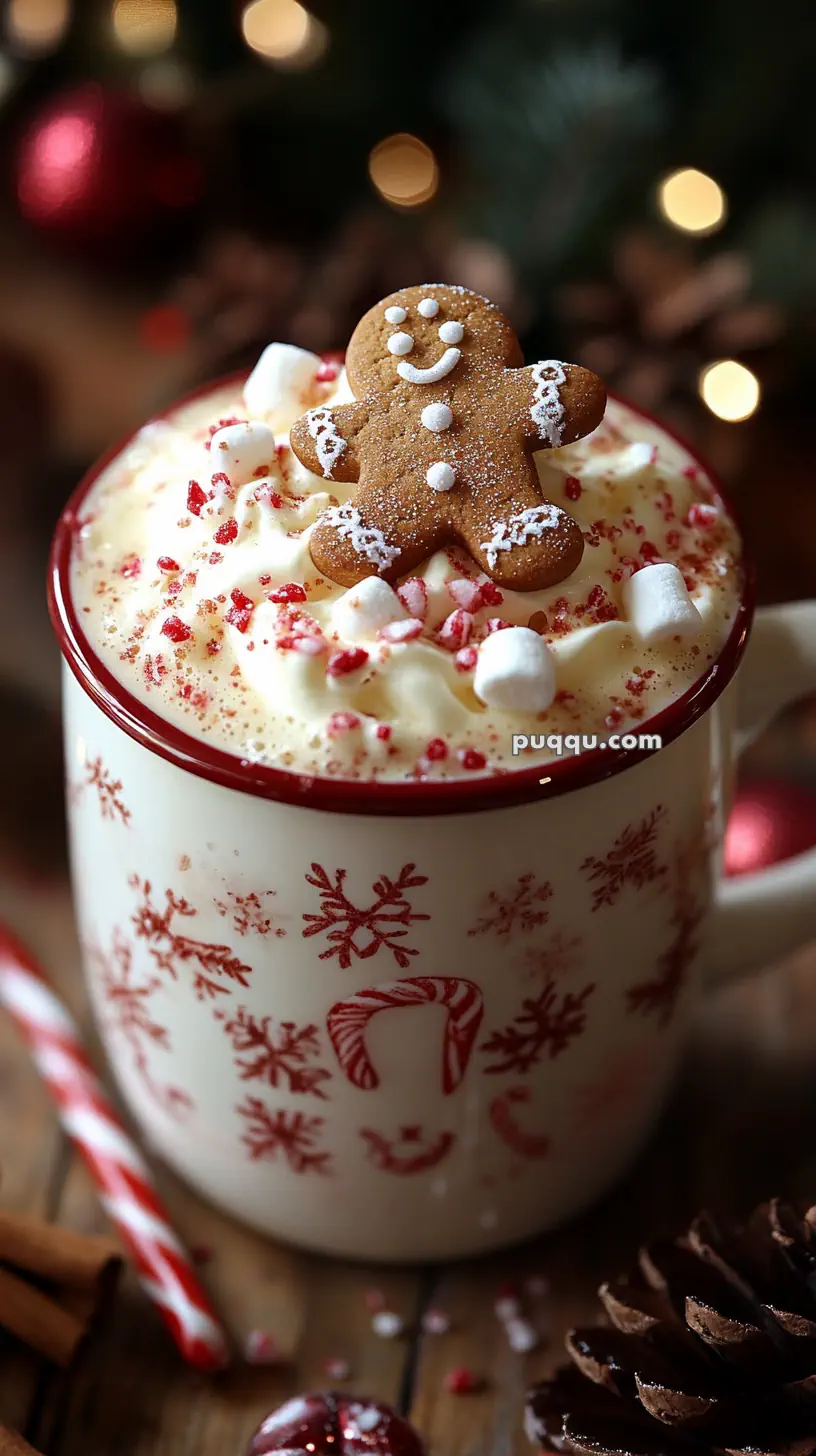 A festive mug of hot chocolate topped with whipped cream, crushed peppermint, mini marshmallows, and a gingerbread cookie, surrounded by holiday decorations.