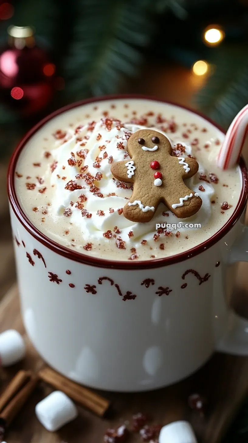 Festive mug with whipped cream-topped beverage, gingerbread cookie, red sprinkles, and candy cane, surrounded by marshmallows and cinnamon sticks.