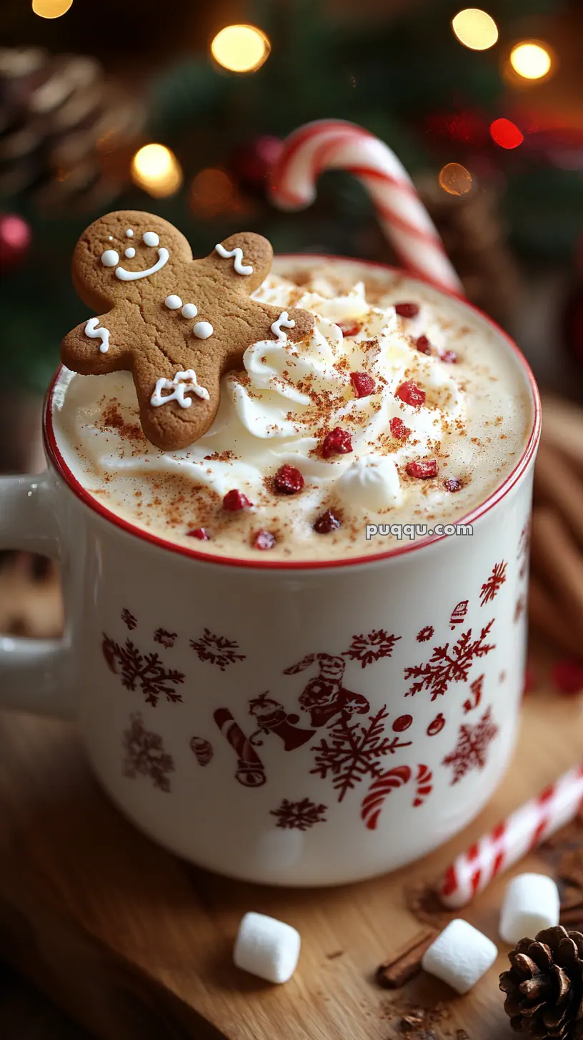 Festive mug of hot chocolate topped with whipped cream, a gingerbread cookie, red sprinkles, and surrounded by holiday decorations.