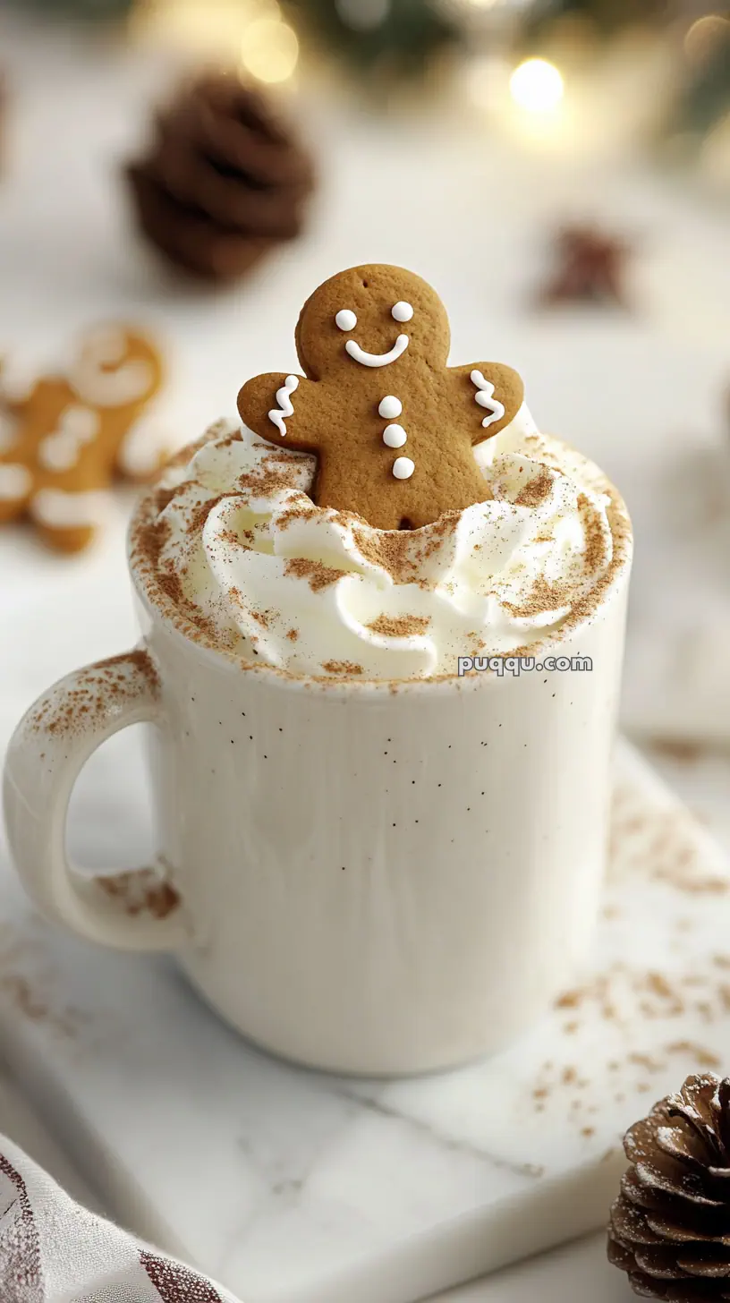 A mug of hot chocolate topped with whipped cream and a gingerbread cookie, with cinnamon sprinkled on top.