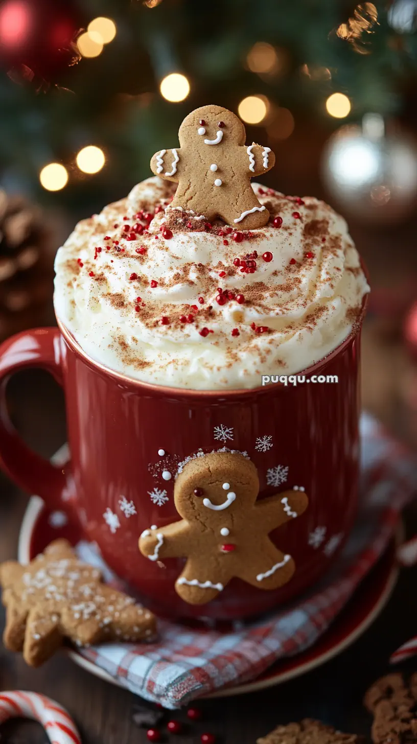 A festive mug filled with whipped cream topped hot chocolate, decorated with cinnamon, red sprinkles, and a gingerbread cookie, set against a blurred holiday background.