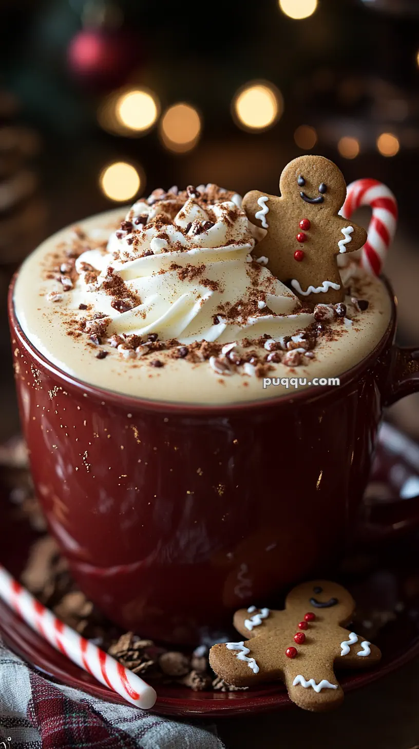 A festive mug of hot chocolate topped with whipped cream, cocoa powder, a gingerbread cookie, and a candy cane, against a blurred holiday background.