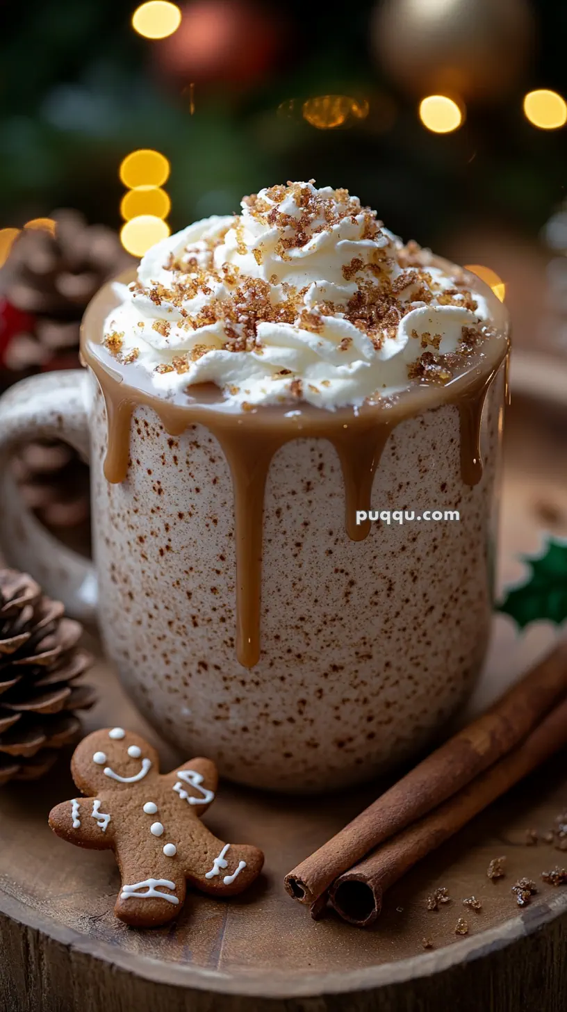 A speckled mug filled with whipped cream and caramel topping, next to a gingerbread cookie and cinnamon sticks, with a blurred, festive background.