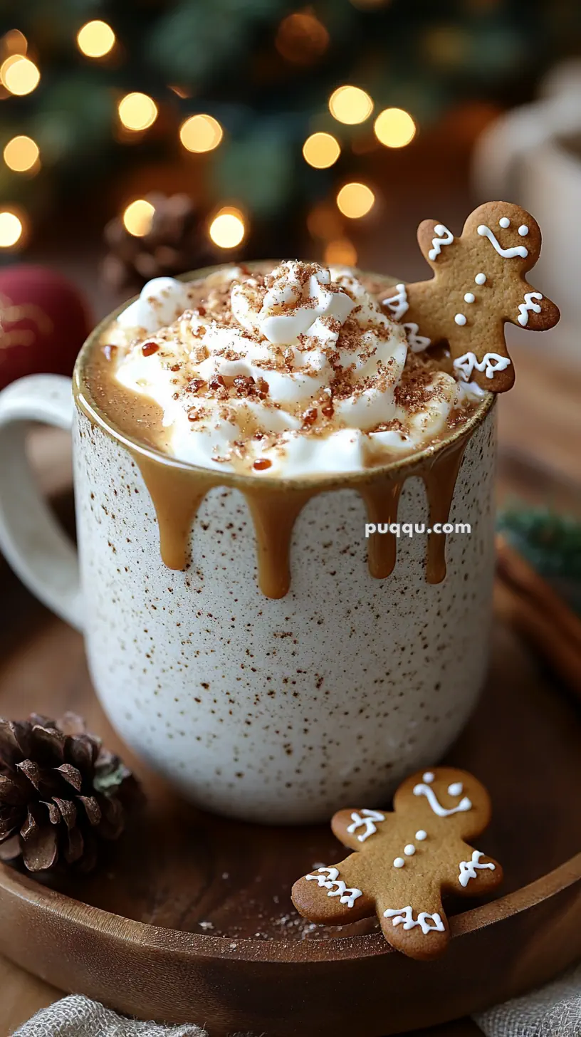 A mug of hot chocolate with whipped cream drizzled with caramel, topped with a gingerbread man cookie, surrounded by holiday lights.