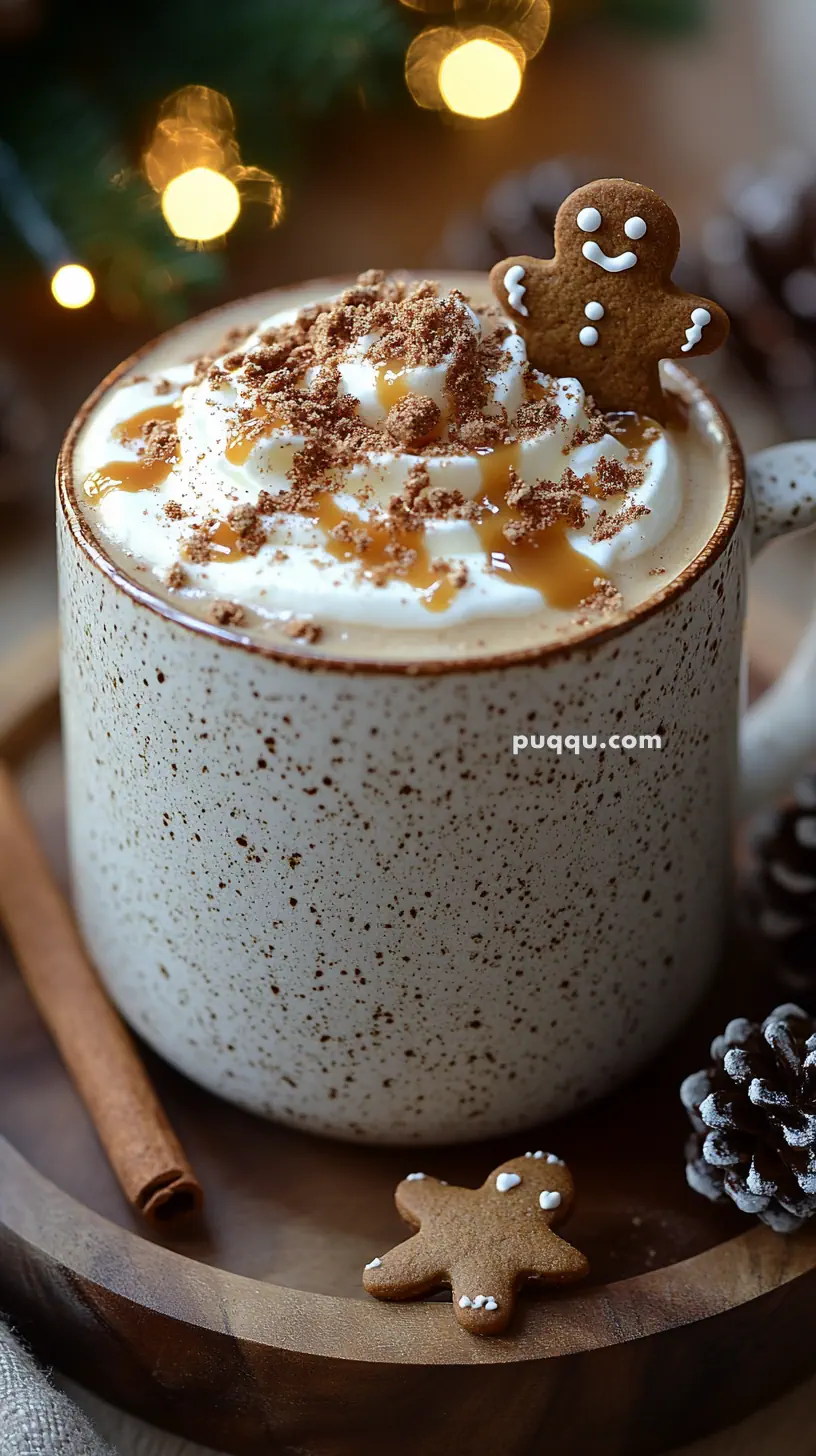 A mug of hot beverage topped with whipped cream, caramel drizzle, chocolate shavings, and a gingerbread cookie, with a cinnamon stick beside it.