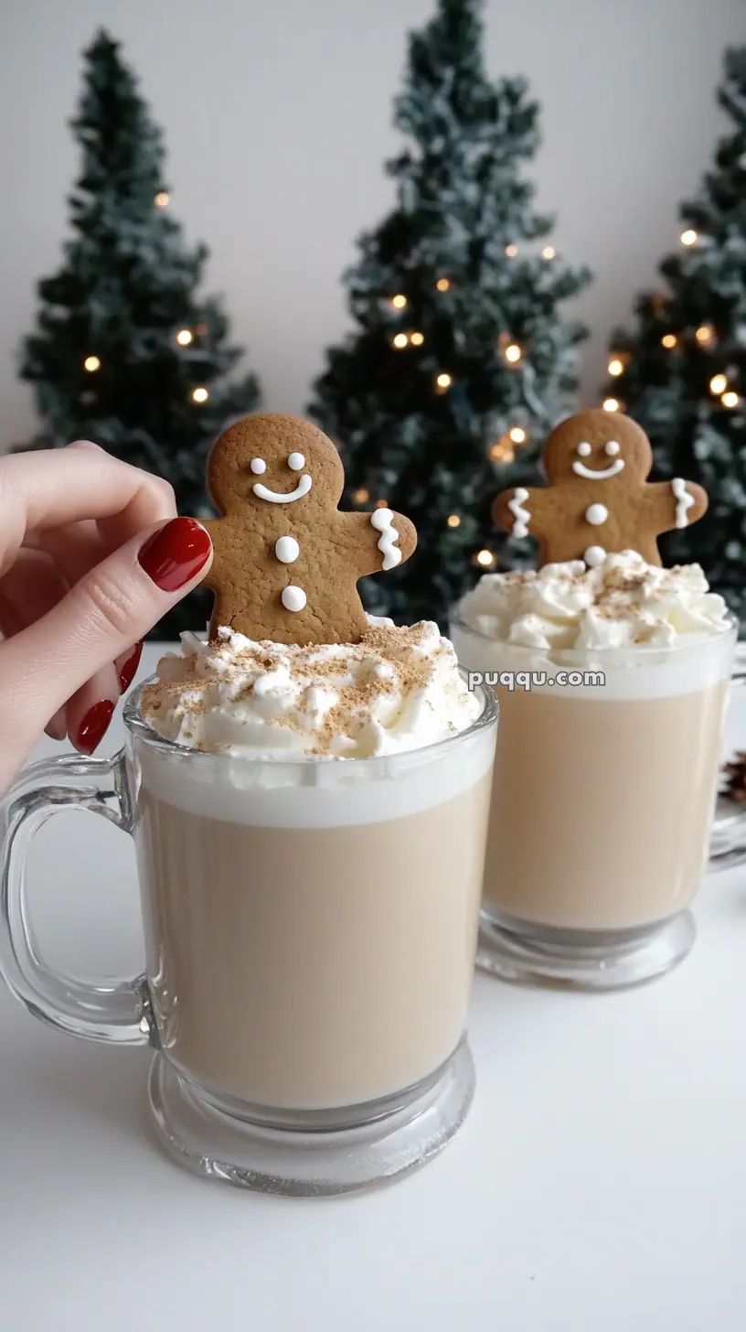 Two mugs of whipped cream-topped coffee, each with a gingerbread cookie, in front of decorative Christmas trees.