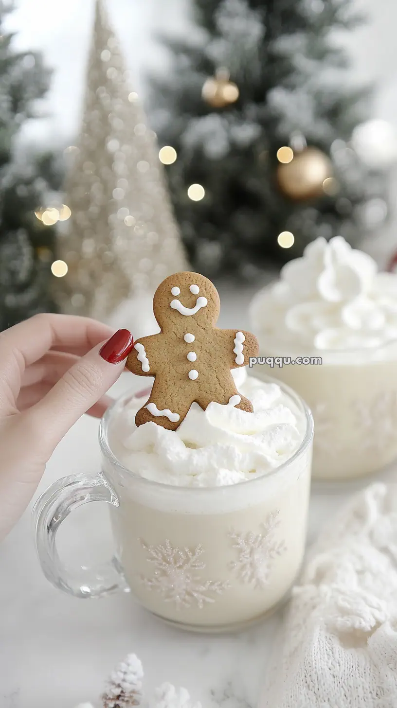 A hand holding a gingerbread cookie over a mug of whipped cream topped hot beverage with holiday decorations in the background.