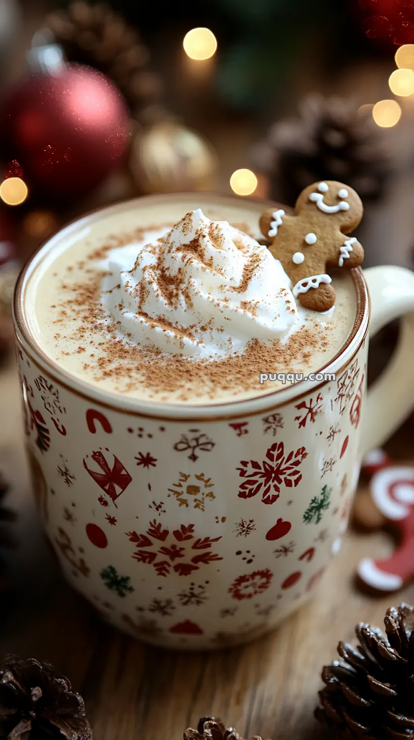 Festive mug with whipped cream, sprinkled cinnamon, and a gingerbread cookie, surrounded by holiday decorations.