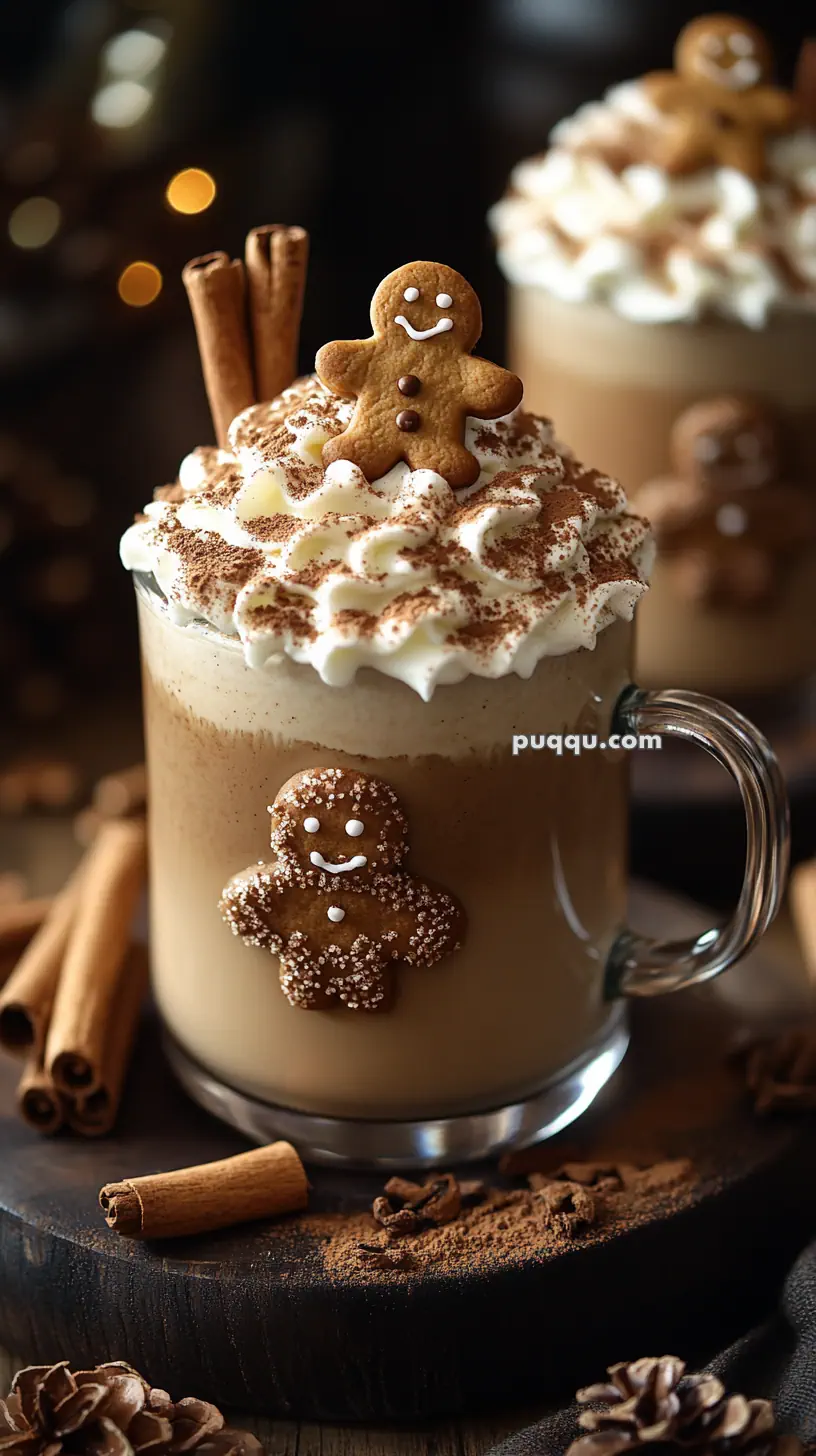 A festive coffee drink topped with whipped cream, cocoa powder, a gingerbread man, and garnished with cinnamon sticks, served in a glass mug.