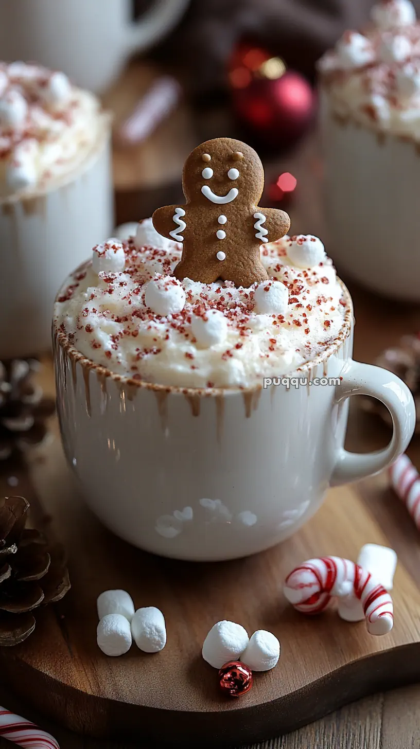 Festive mug of hot chocolate topped with whipped cream, a gingerbread man cookie, and red sprinkles, surrounded by marshmallows and candy canes.