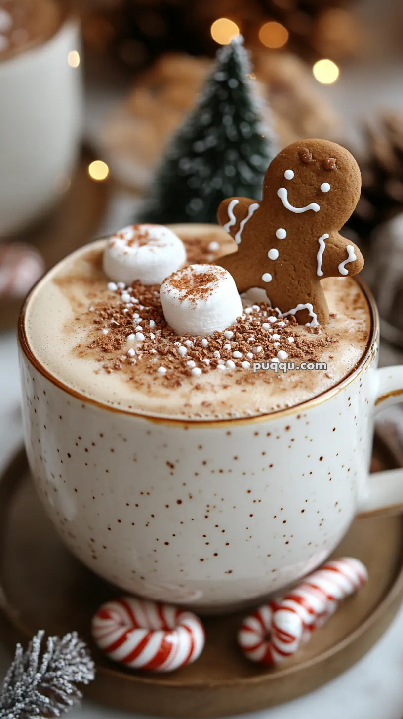 A speckled mug of hot chocolate topped with marshmallows, cocoa powder, and a gingerbread man cookie, surrounded by festive decorations.