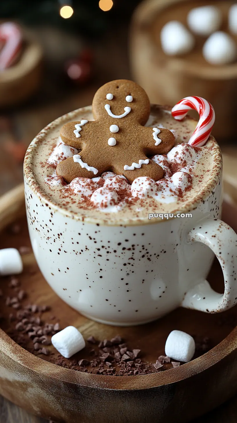 A speckled mug filled with hot chocolate, topped with whipped cream, mini marshmallows, cocoa powder, a gingerbread cookie, and a candy cane.