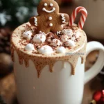 A festive mug of hot chocolate topped with marshmallows, cocoa powder, a gingerbread man, and a candy cane, with Christmas decorations in the background.