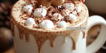 A festive mug of hot chocolate topped with marshmallows, cocoa powder, a gingerbread man, and a candy cane, with Christmas decorations in the background.