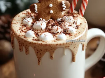 A festive mug of hot chocolate topped with marshmallows, cocoa powder, a gingerbread man, and a candy cane, with Christmas decorations in the background.