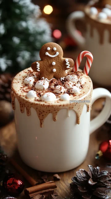 A festive mug of hot chocolate topped with marshmallows, cocoa powder, a gingerbread man, and a candy cane, with Christmas decorations in the background.