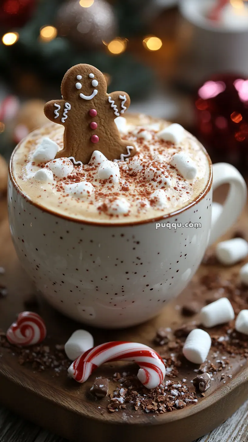 A festive mug of hot chocolate topped with whipped cream, marshmallows, cocoa powder, and a gingerbread man cookie, surrounded by candy canes and chocolate pieces.