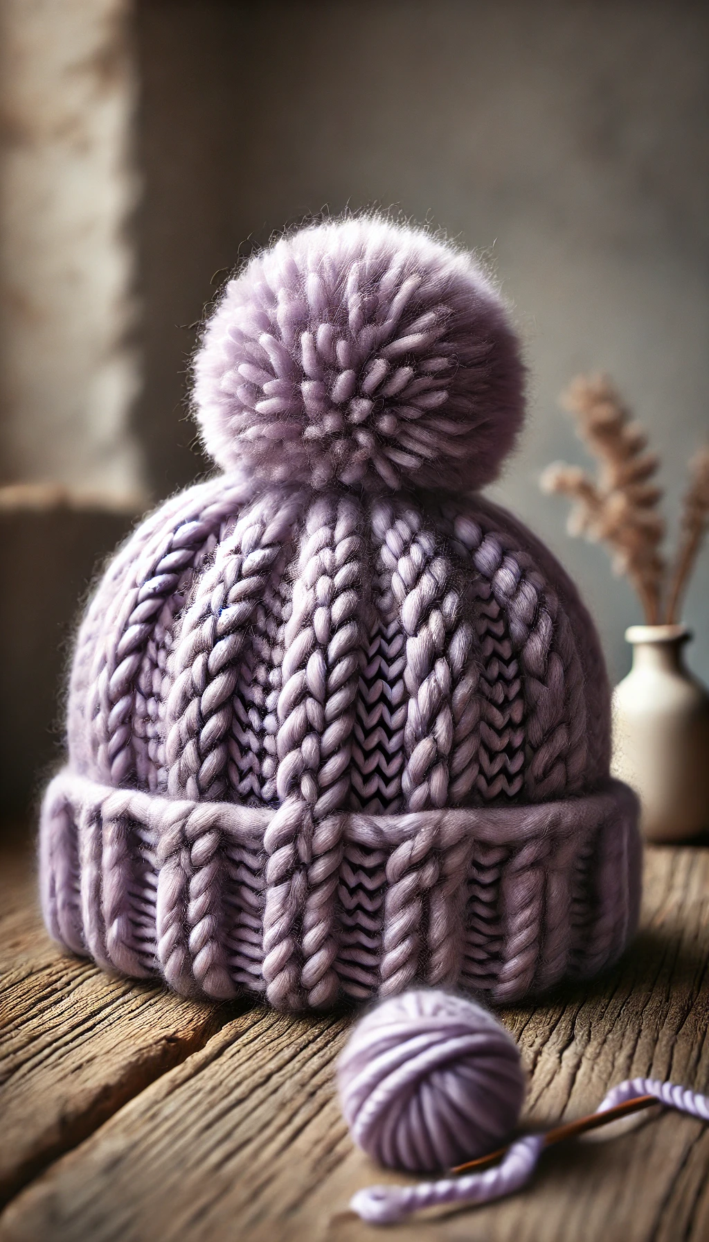 Chunky knit purple beanie with a pom-pom, placed on a wooden surface.