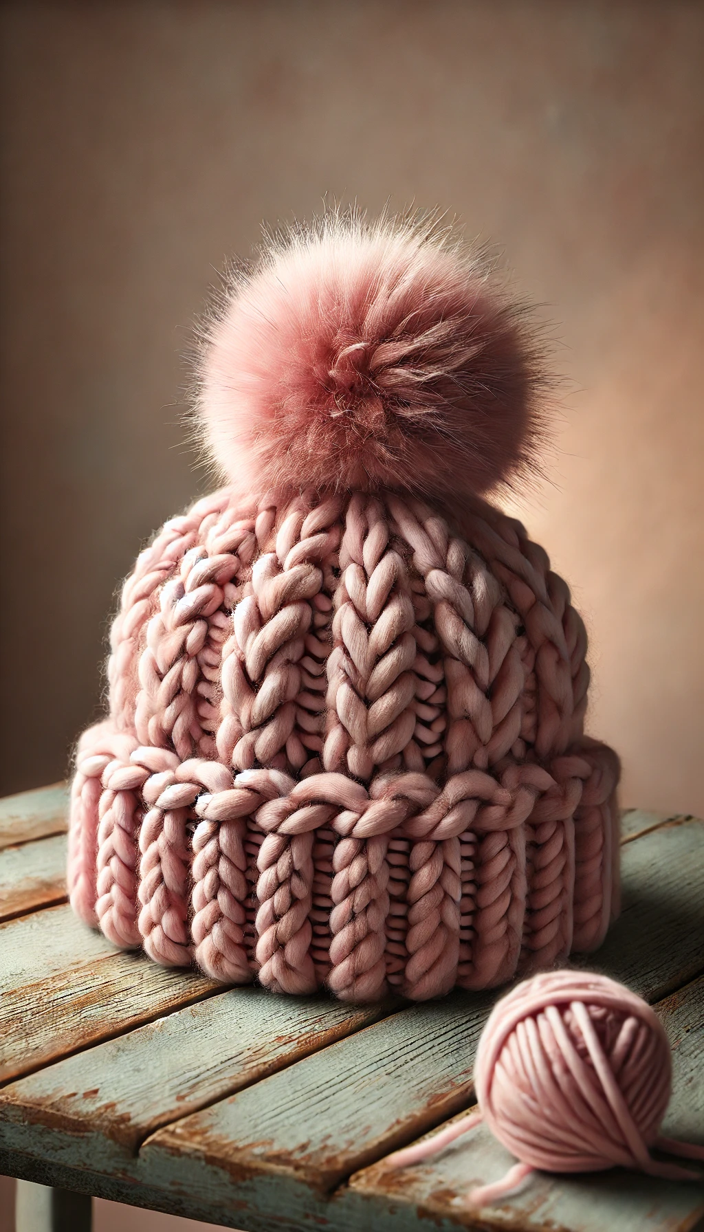 Pink knitted beanie with a fluffy pom-pom on top, placed on a rustic wooden surface, with a ball of matching yarn beside it.