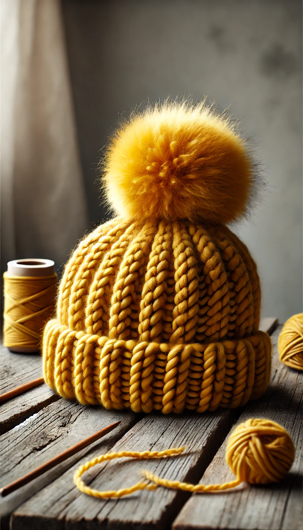 A chunky yellow knit beanie with a large pom-pom on a wooden surface, surrounded by knitting needles and matching yarn.