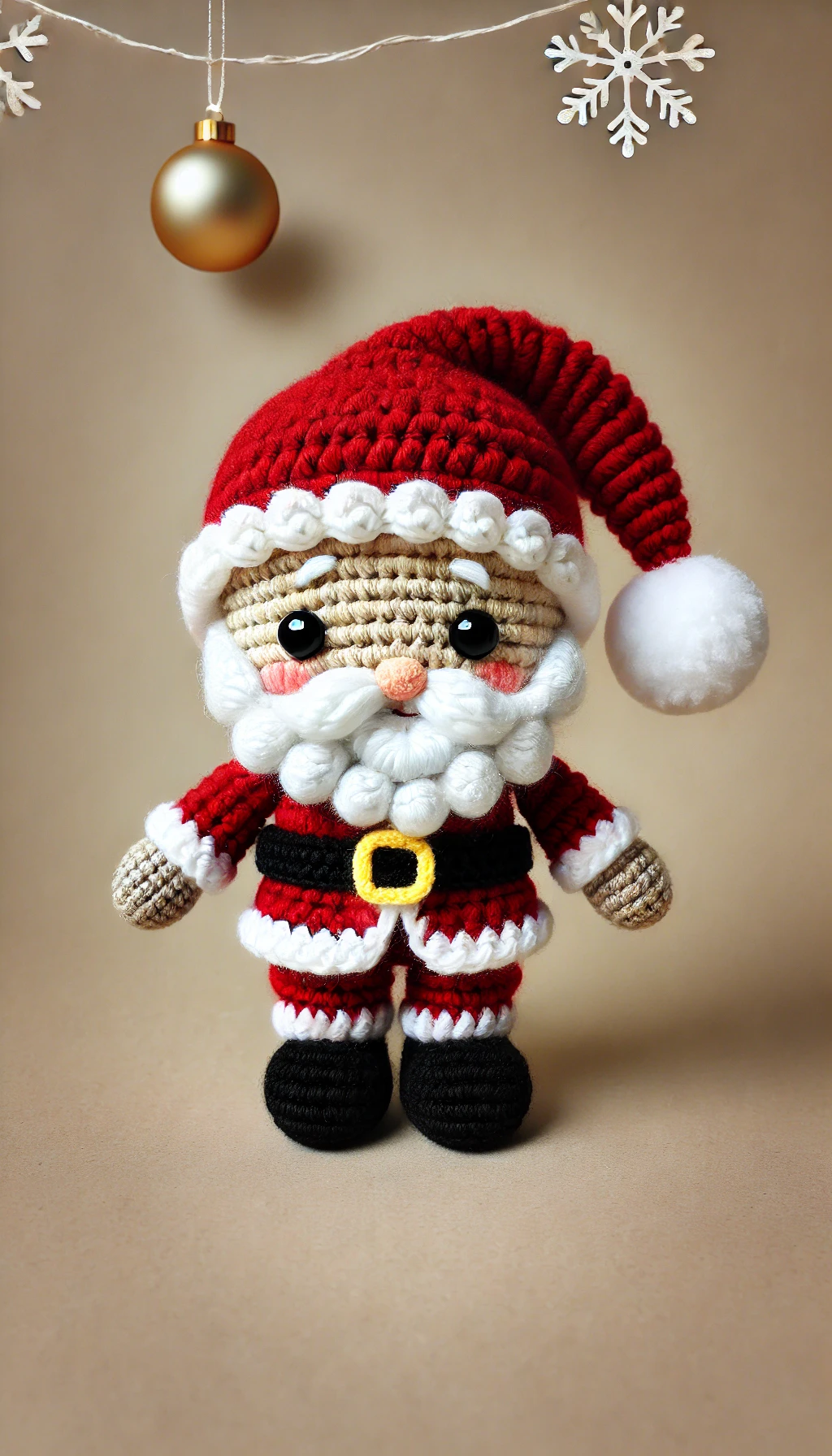 Crocheted Santa Claus doll with a red hat, white beard, and black boots, standing in front of a beige background with a hanging gold ornament and snowflake decoration.