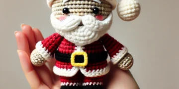 A hand holding a small crochet Santa Claus toy.