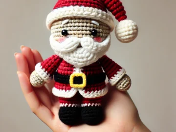 A hand holding a small crochet Santa Claus toy.