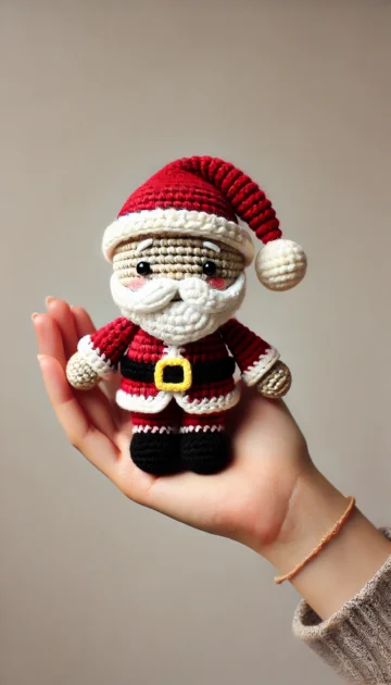 A hand holding a small crochet Santa Claus toy.