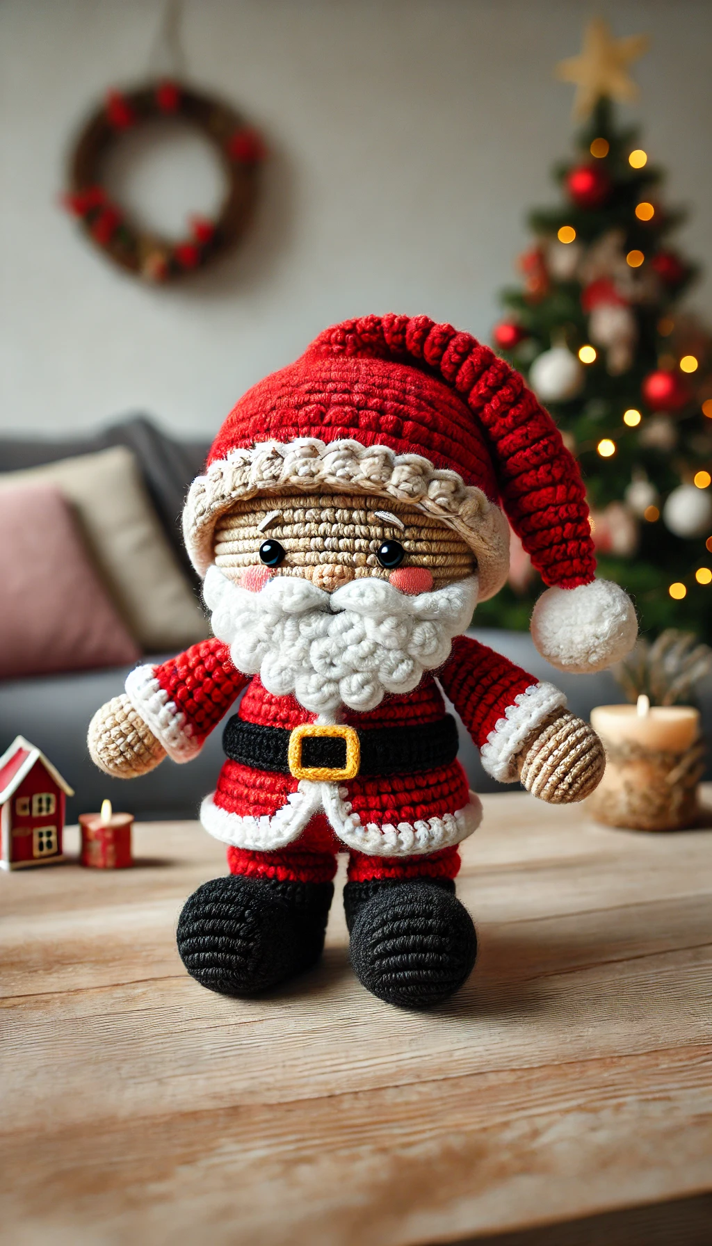 Crocheted Santa Claus doll on a wooden table with Christmas decorations in the background.