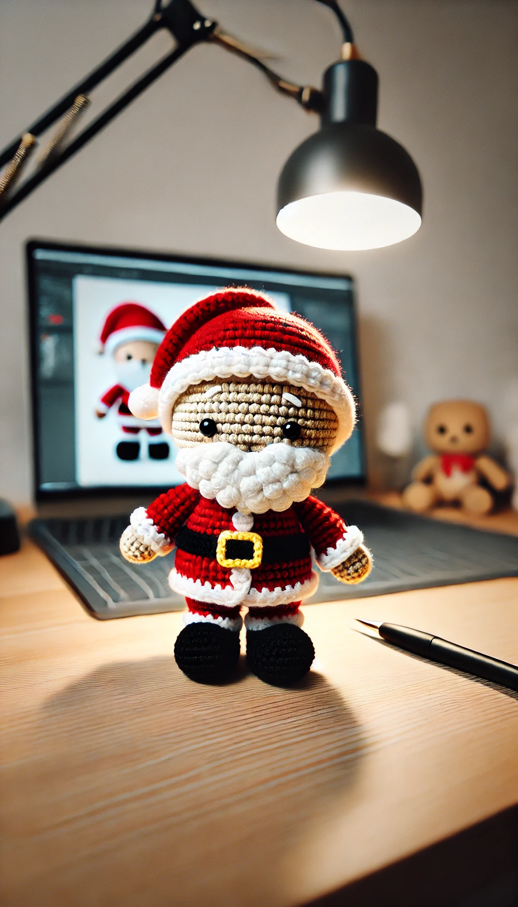 Crocheted Santa doll on a desk with a laptop in the background.