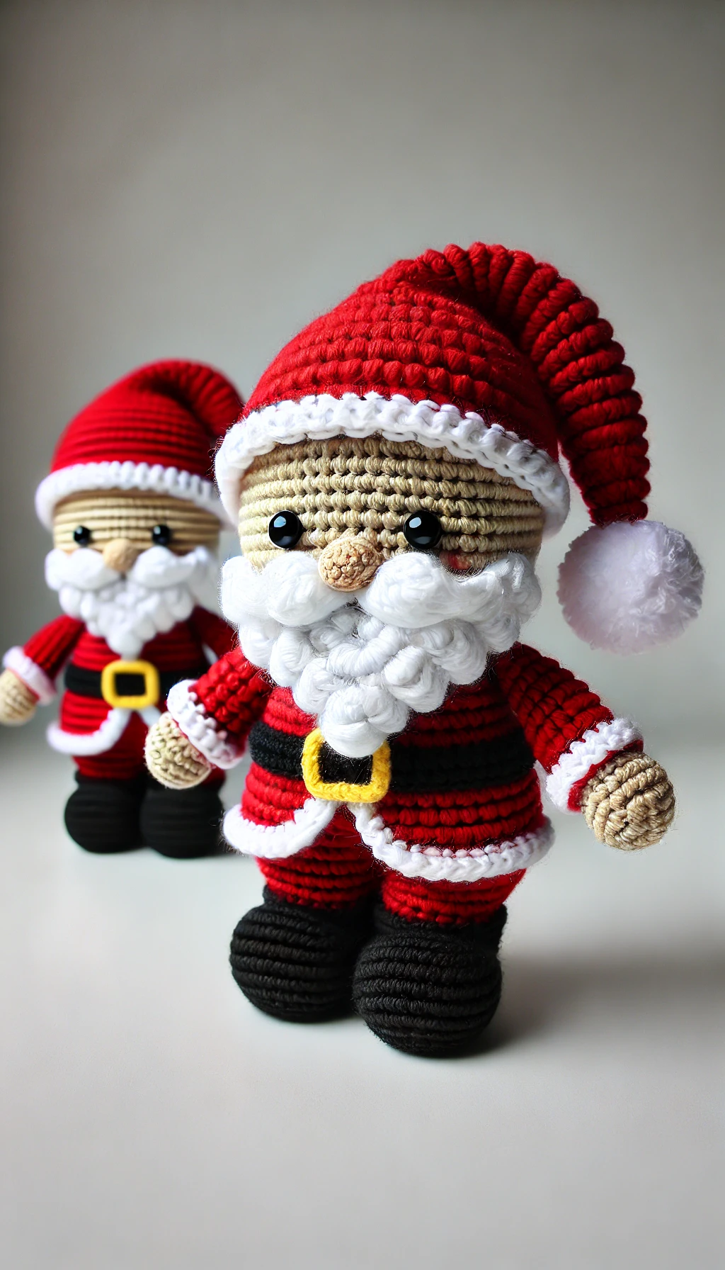 Crocheted Santa Claus dolls with red hats and suits, white beards, and black boots.